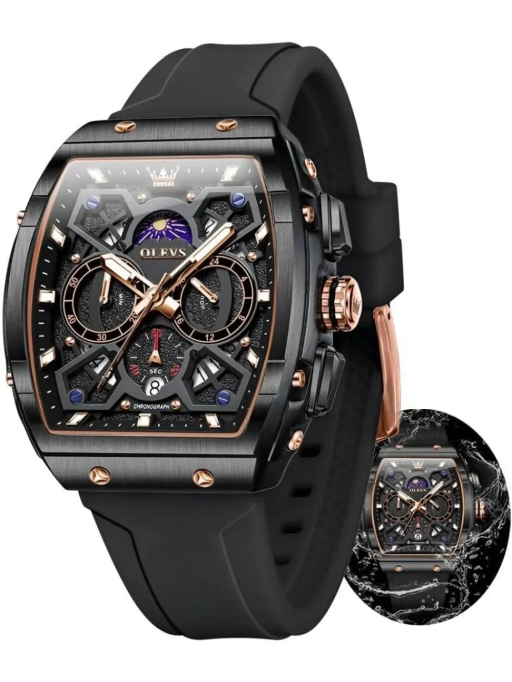Mens All Black Chronograph Waterproof Rectangle Moon Phase Luminous Quartz Watch